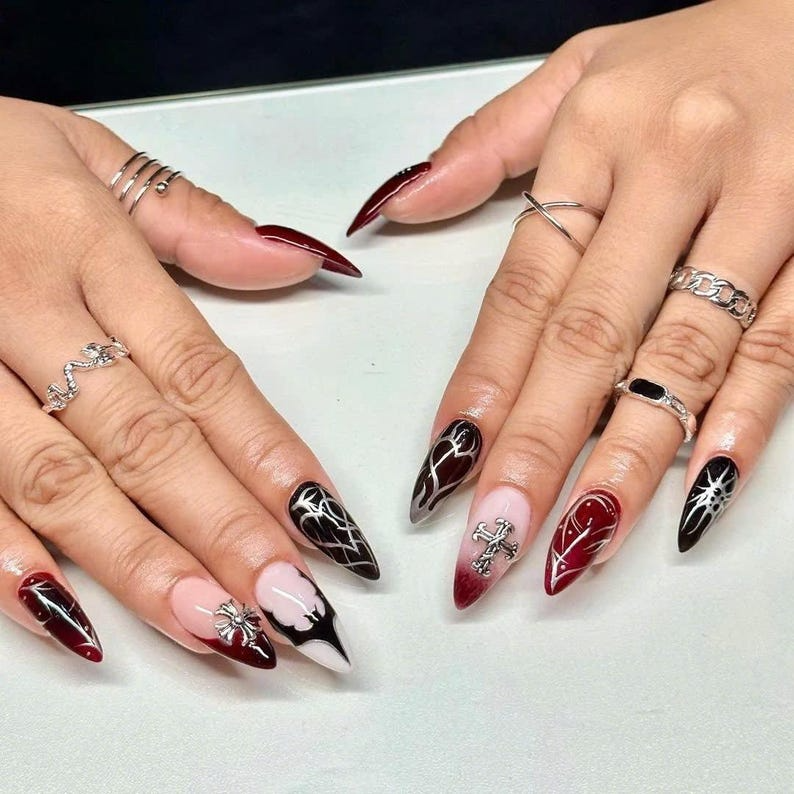 Edgy Chic Manicure Press On Nails | Y2K Gothic Fake Nails | Dark Elegance Nail Charms | Punk Rock Nail Art | Mystic Gothic Tips Nails |OC20Y