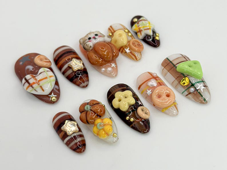 Kawaii 3D Cat Press On Nails | Cute Autumn Plaid Nails | Cat & Plaid 3D Nail Set | Handmade Kawaii Nail Set | Autumn Inspired | OB594HC