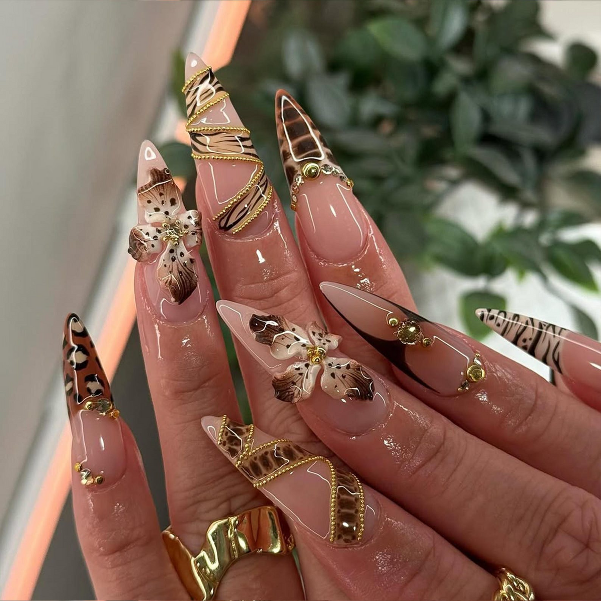 Leopard Gold Floral Press On Nails | 3D Animal Print Nail Art | Golden Bead Glam Nails | Handmade Exotic Press Ons | Fashion Nails | OC841H