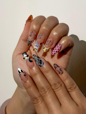 Polka Dot Cat Melody Press On Nails | Cute Cat Nail Art for Music Lover | Polka Dot Nude Nails | Luxury Cute Nails | OC294EC