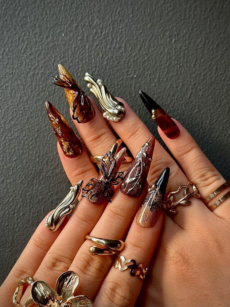 Autumn Butterfly Press On Nails | Luxury Handmade Brown Nails | Nature Inspired Stiletto Press Ons | Elegant Butterfly Design | OB168HC
