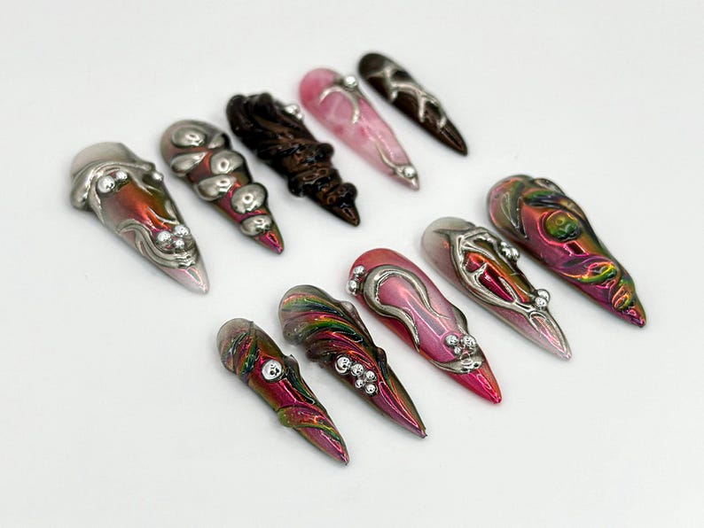 Gothic Metallic Stiletto Nails | Futuristic Metallic and Pink Nails with 3D Designs | Art Deco-Inspired Chrome | 3D Silver Details |OB600HK
