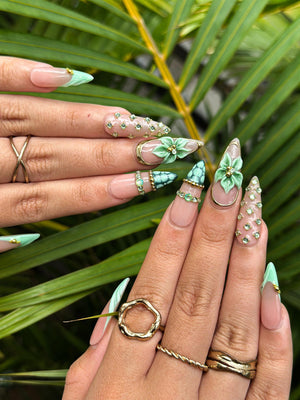 Jade Green Press On Nails with 3D Flower and Gold Detail | Elegant Floral Nails in Almond Shape | Luxury Nails | OC342NC