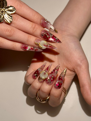 Handmade Cherry Blossom Press On Nails, Asian Inspired Luxury 3D Jade and Gold Leaf Nails, Elegant New Year Luxury Fake Nails, OB1021HC