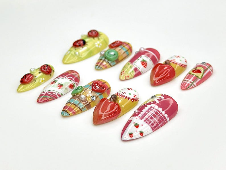 Ladybug, Strawberry Press On Nails | Vintage Strawberry Nail Art |3D Fruit & Plaid Design Nails |Summer Fruit Press Ons |Cute Nails |OB835YK