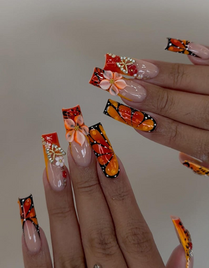 Sunset Flame Floral Press On Nails | Orange Butterfly Nails | 3D Flower & Star Charms Nail Art | Handmade Long Nail Set | OC961HK