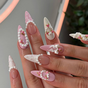 Coquette Pink Ribbon Press On Nails | 3D Blush Vintage Nail Set | Long French Ribbon Nails | Romantic Pink Press On Nails |OB760HC