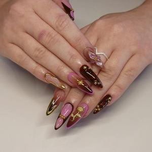 Golden Rose Luxe Press On Nails | Pink & Brown Glam Nail Art | 3D Bow And Rose Accents | Handmade Luxury Stiletto Nails | OB185EK
