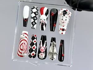Gothic Clown Press On Nails by DoryNail | Horror Harlequin Fake nails | Creepy Cute Nail Art | Black Red White 3D Dolls Nails | OB806YK