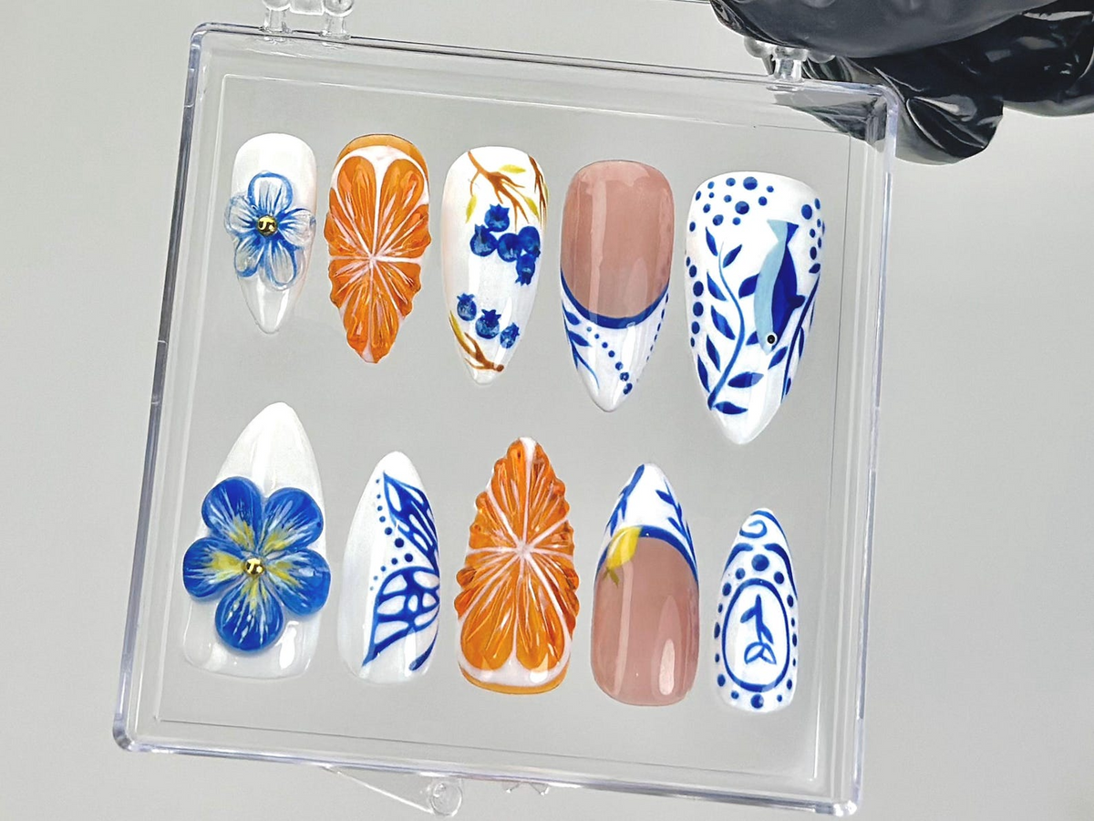 Porcelain Blue Floral Press On Nails | Oriental Ceramic Fake Nails | Orange Blossom Nail Art | Butterfly Citrus Nails | Luxury Nails|OB903YK