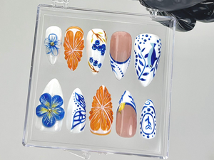 Porcelain Blue Floral Press On Nails | Oriental Ceramic Fake Nails | Orange Blossom Nail Art | Butterfly Citrus Nails | Luxury Nails|OB903YK