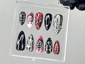 Chrome Flame Press On Nails | Gothic Spider Nail Art | Flame Spider Press Ons | Cyber Y2K Fake Nails | Emo Butterfly Press Ons | OC945YC