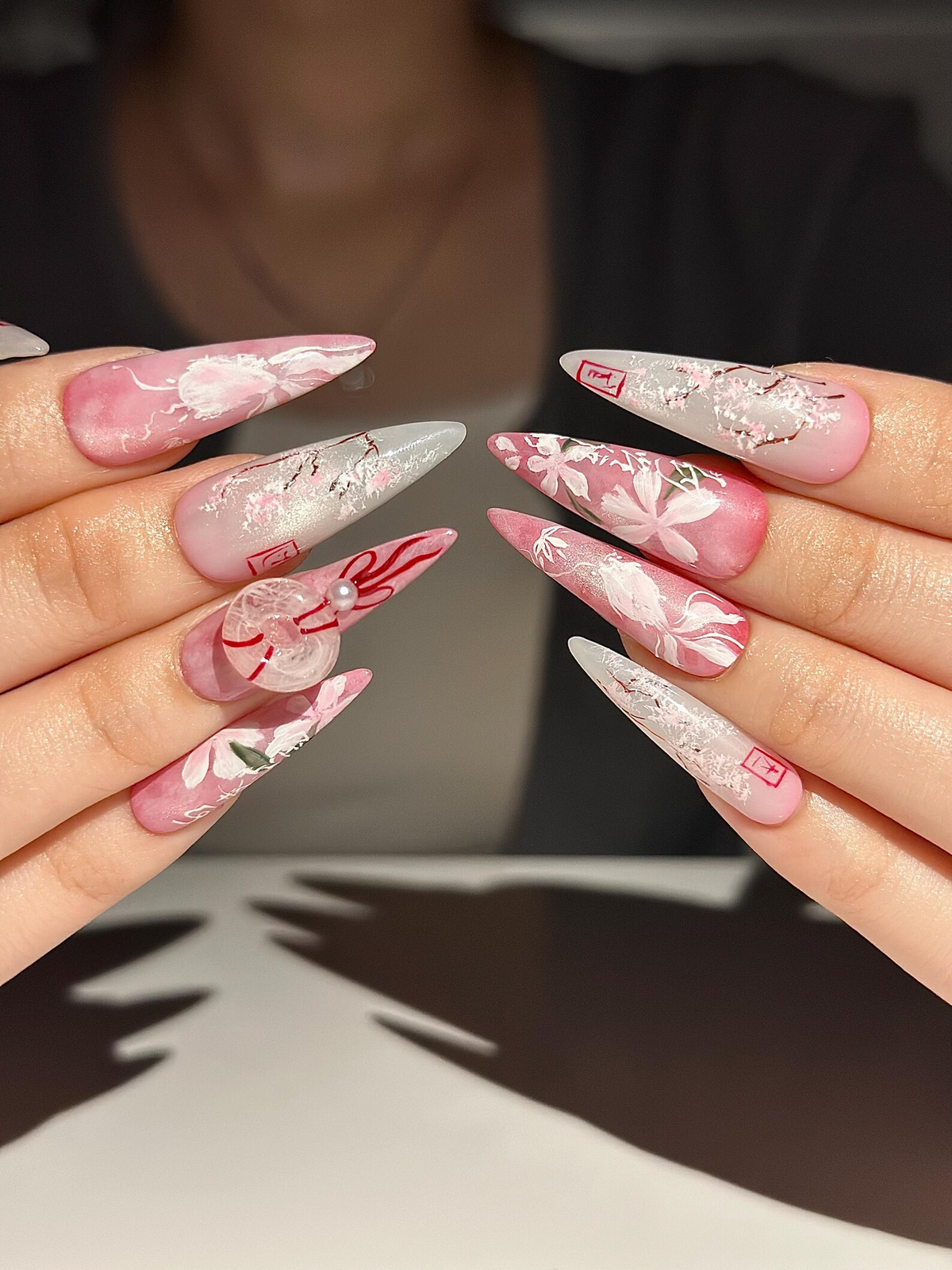 Pink Blossom Press On Nails | Pink Jelly Floral Nails | Asian Flower Nails | Romantic Spring Nails | Handmade Stiletto Press Ons | OB312HC