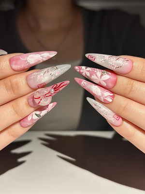 Pink Blossom Press On Nails | Pink Jelly Floral Nails | Asian Flower Nails | Romantic Spring Nails | Handmade Stiletto Press Ons | OB312HC