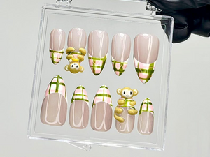 Kawaii Monkey Press On Nails | 3D Animal Fake Nails | Plaid & Monkey Nail Art | Pastel French Tips Press Ons | Kawaii Nails | OB908YC