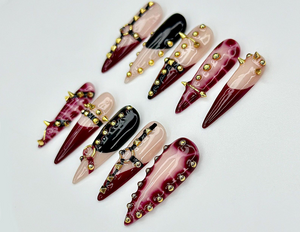 Handmade Gothic Press On Nails | Spiked, Studded Red & Black Nails | Punk Rock Statement Nail Art | OC968EP