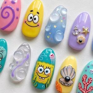 SpongeBob Press On Nails Summer Handpainted Cartoon Patrick Star Squidward Custom Fake Nails 3D Water Bubble Jellyfish Summer Nails | OB412L