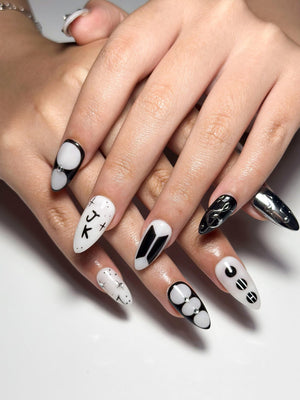 JungKook Inspired Black & White Nails | Kpop JK Solo Era Press Ons | Y2K Star and Bow Nails | Musical Note Gothic Press Ons | OC364IK