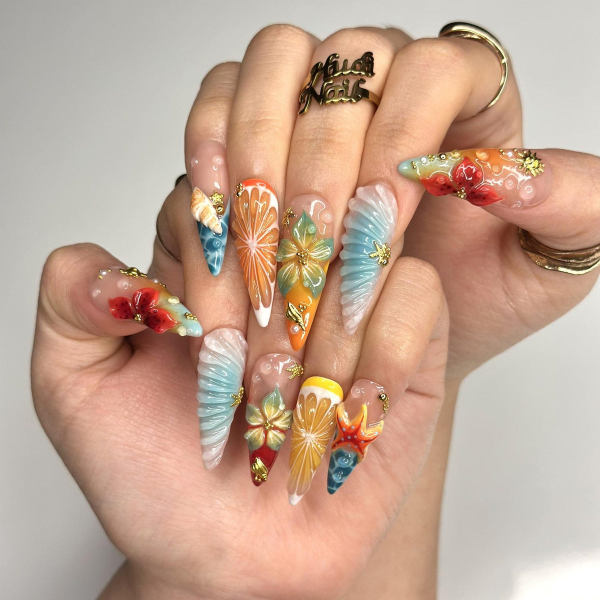 3D Fruit & Tropical Flower Nails | Yellow Lemon Orange Citrus Press On | Pastel Blue Shell Starfish Art | Summer Beach Vacation | OB1349D