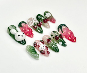 Strawberry Bunny Dreams Press On Nails | Cute 3D Fruit Nail Art | Sweet Berry Theme Nails | Pink 3D Kawaii Nails | OB923EC