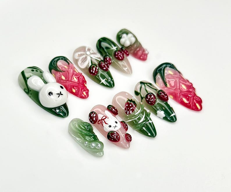 Strawberry Bunny Dreams Press On Nails | Cute 3D Fruit Nail Art | Sweet Berry Theme Nails | Pink 3D Kawaii Nails | OB923EC