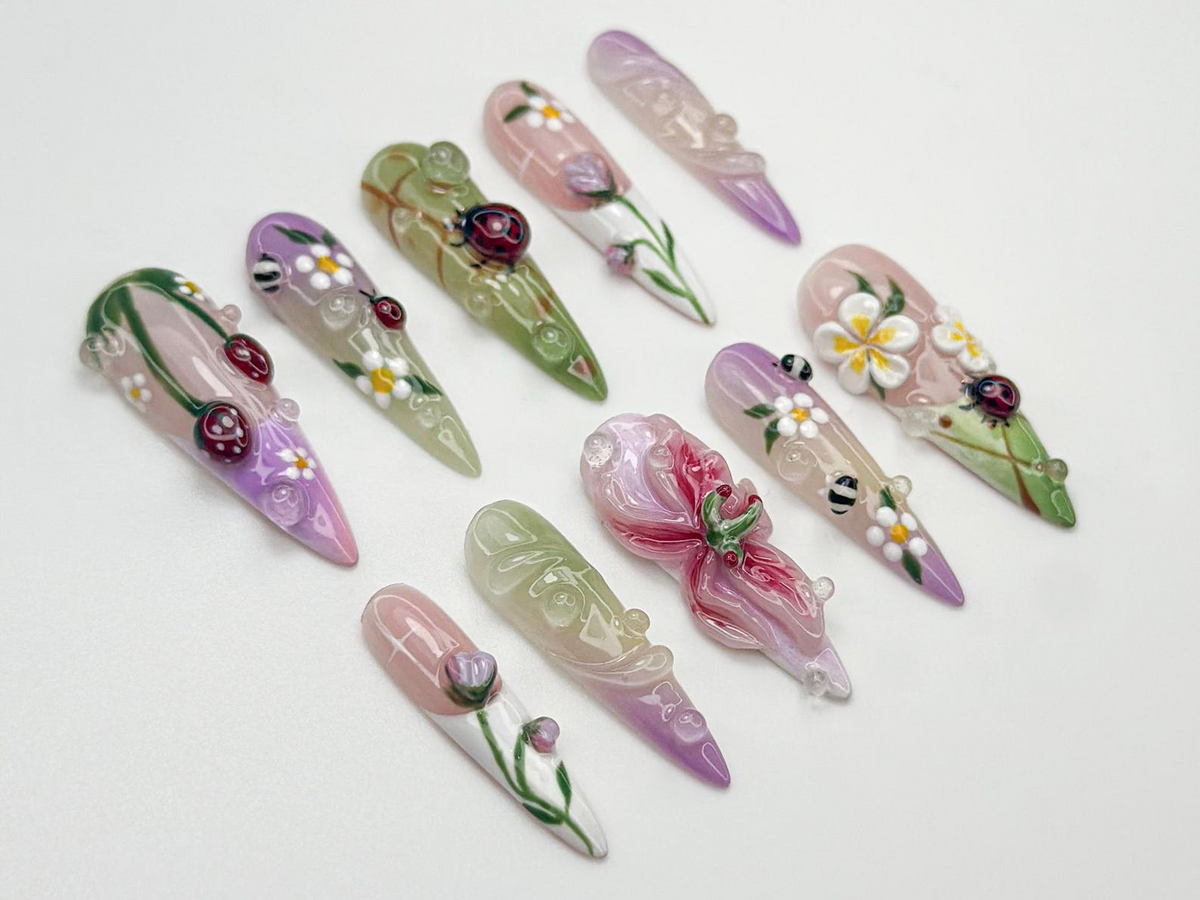 Pastel 3D Ladybug Press On Nails | 3D Floral Garden Nail Art | Cute Spring Nature Nails | Whimsical Bug Nail | Garden Bloom Design | OB800HC