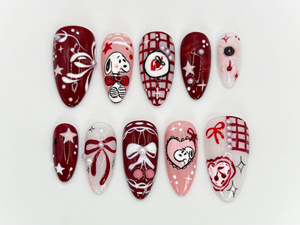 Snoopy-Inspired Red Press On Nails | Unique Hand-Painted Snoopy Design | Charming Stars and Bows Nail Set | Artistic Handmade Nail | OB566HK
