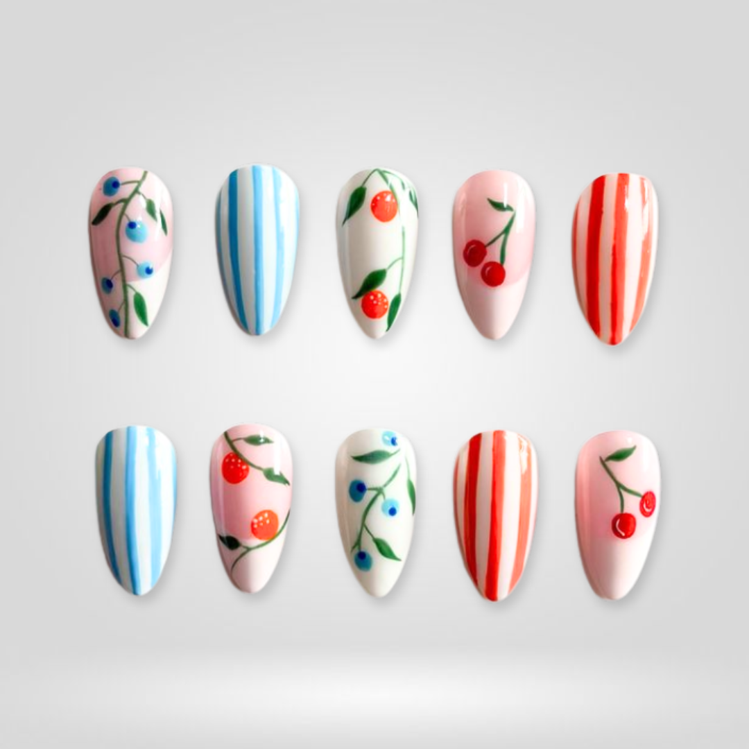 Cherry Stripe Red Fruit Press-On Nails - Aninail