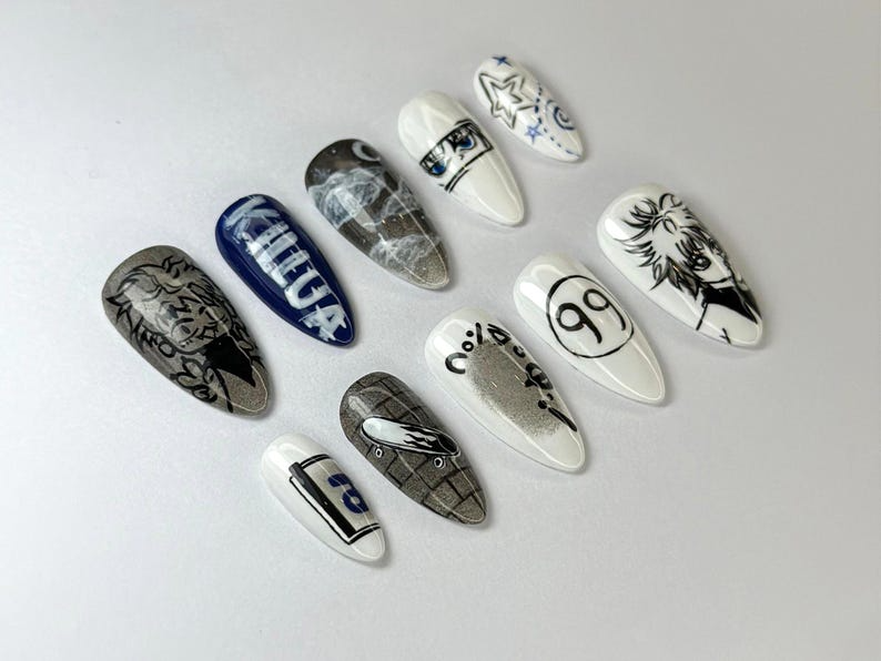 Killua Zoldyck Anime Press On Nails | Hunter x Hunter Nail Art | Unique Killua-Inspired Nail Art | Manga Black & White Nail Set | OB708HC