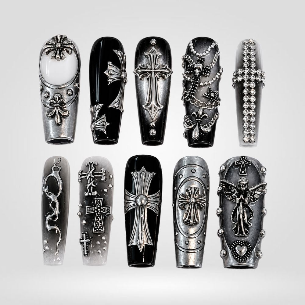 Silver Relic Antique Gothic Press-On Nails - Aninail