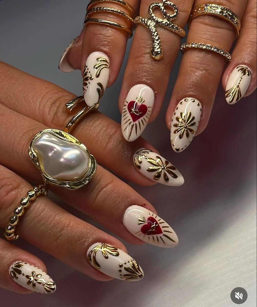 Elegant White and Gold Nails, Red Heart Accents and Vintage Metallic Art