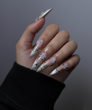 Spring Gothic Blossom Pressons Nails | Dusty Mauve Floral Nails | Iridescent 3D Flower Nail Art | Gold Vine Luxury Nail Set | OB267EC