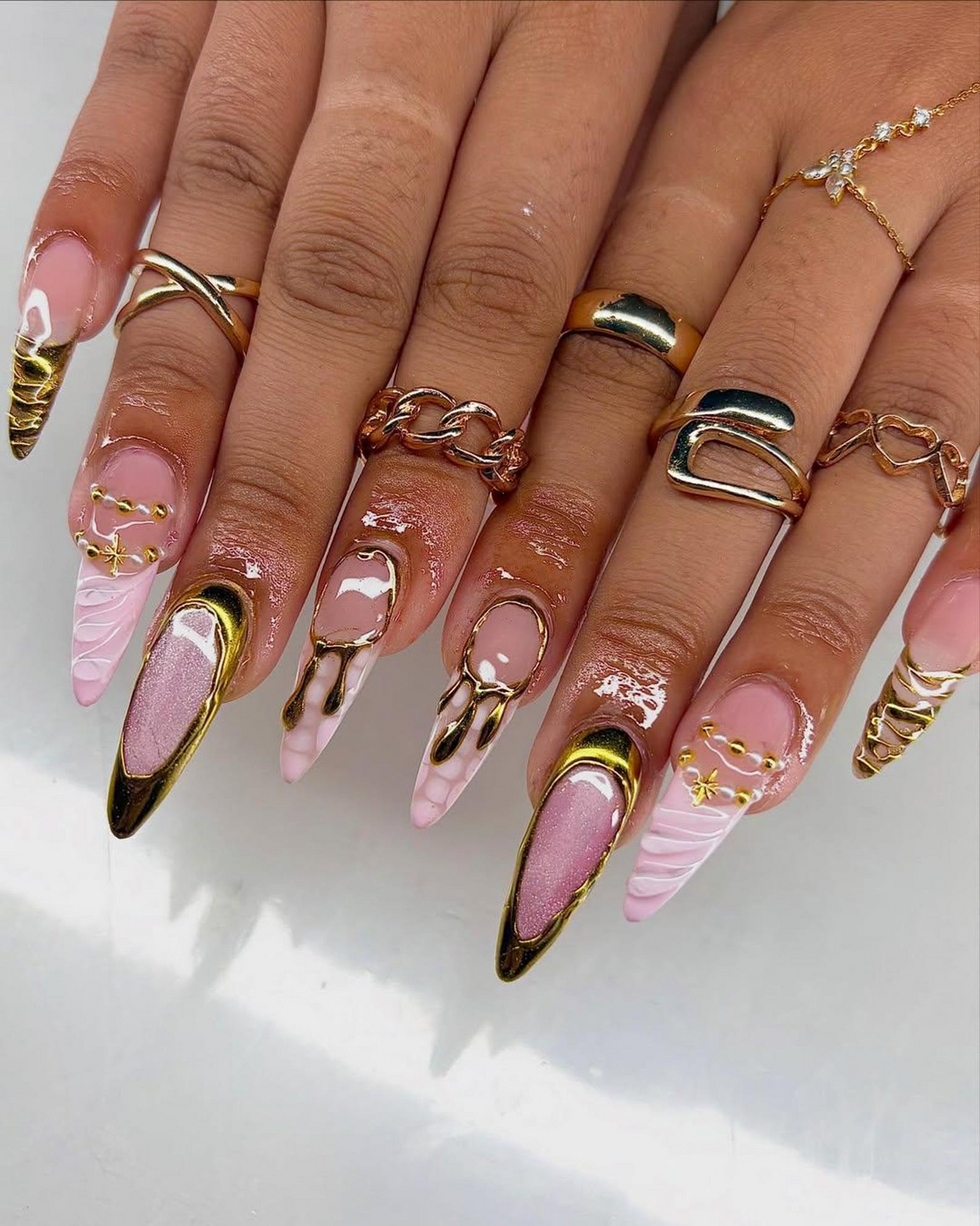 Nude Pink Gold Press On Nails | Luxury Molten Metal Nail Art | Elegant Long Stiletto Press Ons | Baroque Couture Nail Design | OC1246HC