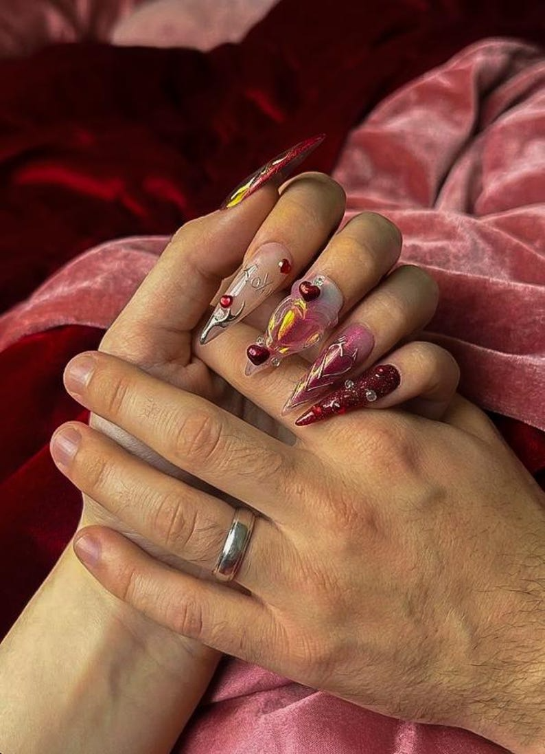 Red Pink Heart Press On Nails | Valentine Nail Wraps| Y2K Heart Nail Art | Handmade Statement Press Ons | Valentine Nails | OB997GC