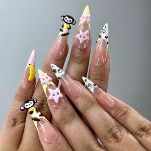 3D Monkey Banana Press On Nails | Cute Pink Star & Fruit Fake Nails | Kawaii Handmade Nail Art | Playful Cute Nails | Cartoon Nails |OB255YC