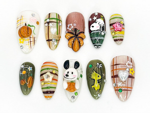Cute Autumn Press-On Nails| 3D Cartoon & Rustic Style | Hand-Painted Nail Art | Unique Fall Nail Art | Autumn-Themed Press-On Nails|OB588LC