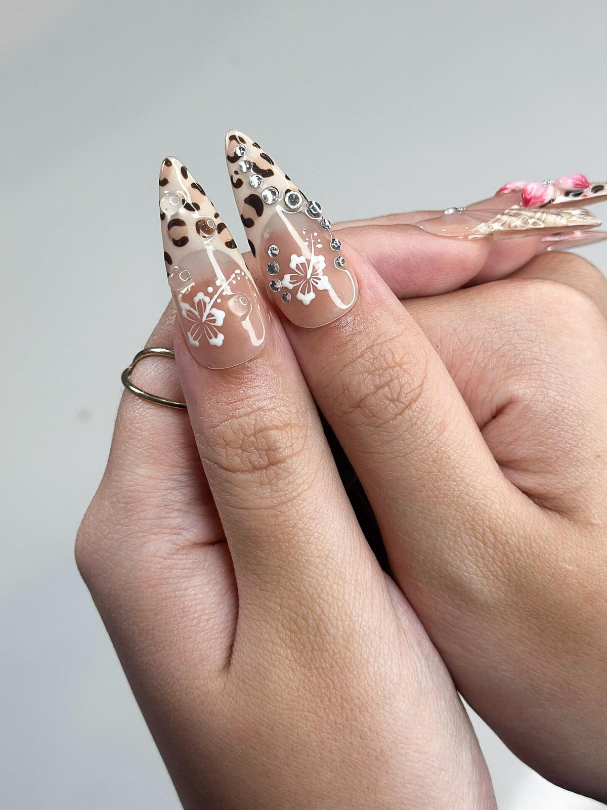 3D Hibiscus Flower & Tropical Muse Nails | Ethereal Goddess Press Ons | Luxury Seashell Art Nails |Nude Pink Floral Summer Nails | OB360IC