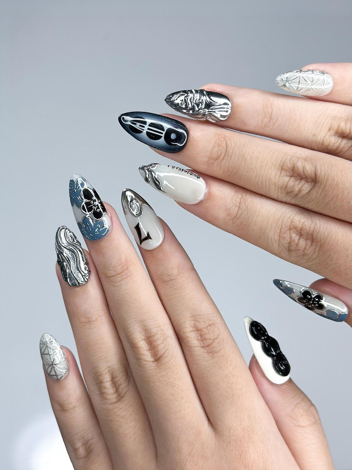 Kpop Inspired Indigo Voyage Nails | 7 Spirit Arirang Silver Shark Nails | Ocean Muse 3D Chrome Nails | Handmade Nails | OC357IC