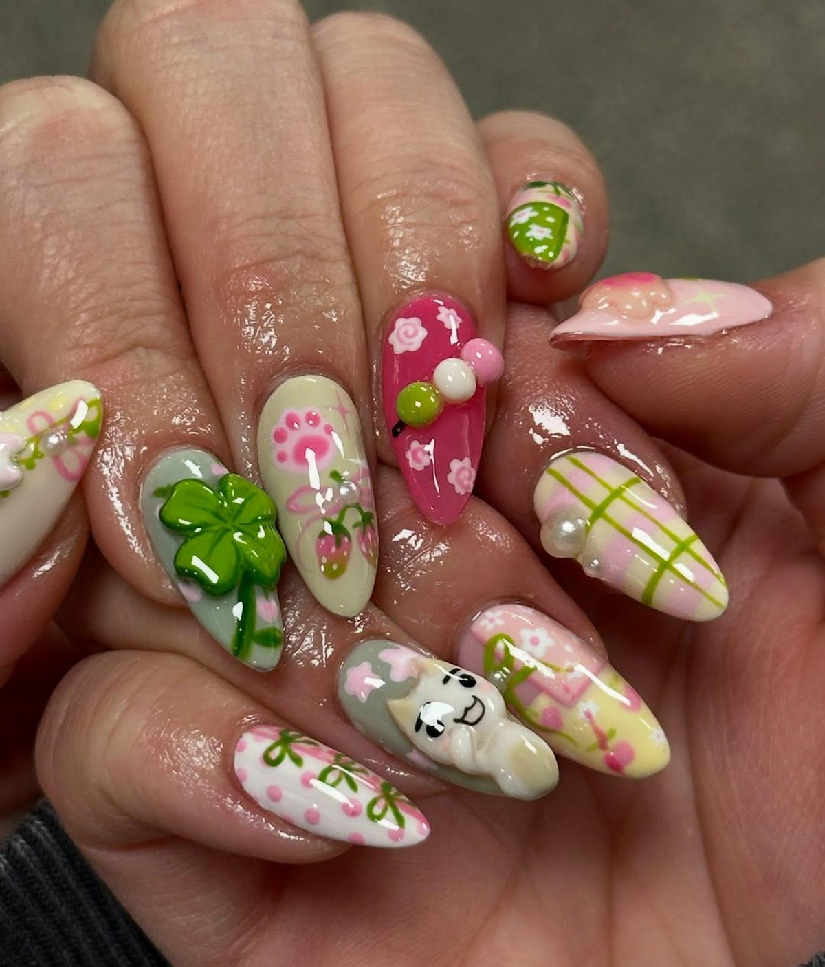 Kawaii Cute Press On Nails by DoryNails | Pastel Bunny Clover 3D Press Ons | Sakura Bunny Fake Nails | Kawaii Spring Nail Art | OB827YC