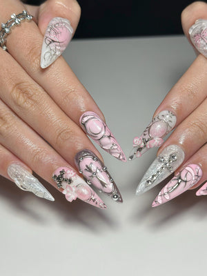 3D Pink Gothic Cyber Nails | Silver Chrome Cross Press Ons | Ethereal Grunge Liquid Metal Nails | Y2K Punk Butterfly Press Ons | OB362IC