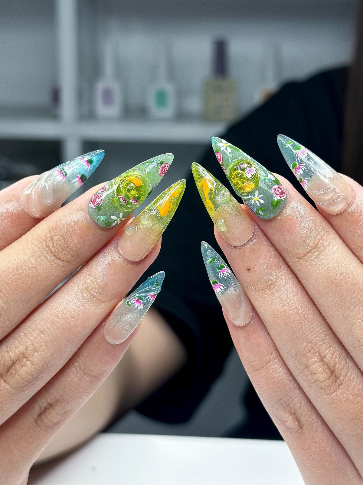 Zen Koi Pond Press On Nails | 3D Lotus Flower & Goldfish Art | Ethereal Ombre Shimmer Nails | Botanical Water Ripple Press Ons | OB361IC