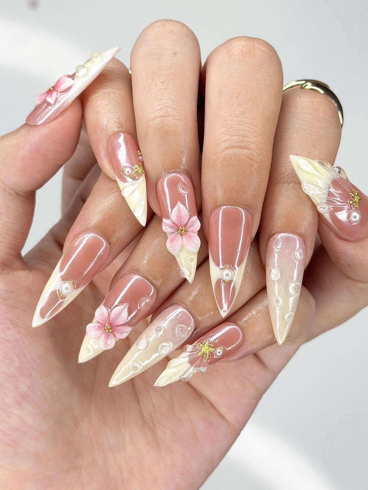 3D Pink Lily & Lemon French Nails | Summer Ocean Shell Press Ons | Luxury Tropical Botanical Stiletto Art | OB373IC