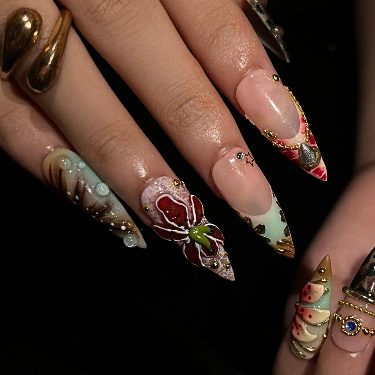 Luxury Floral Press On Nails, Burgundy Gold Nails, 3D Flower Nail Set, Vintage Glam Handmade Press On Nails, OB1377U