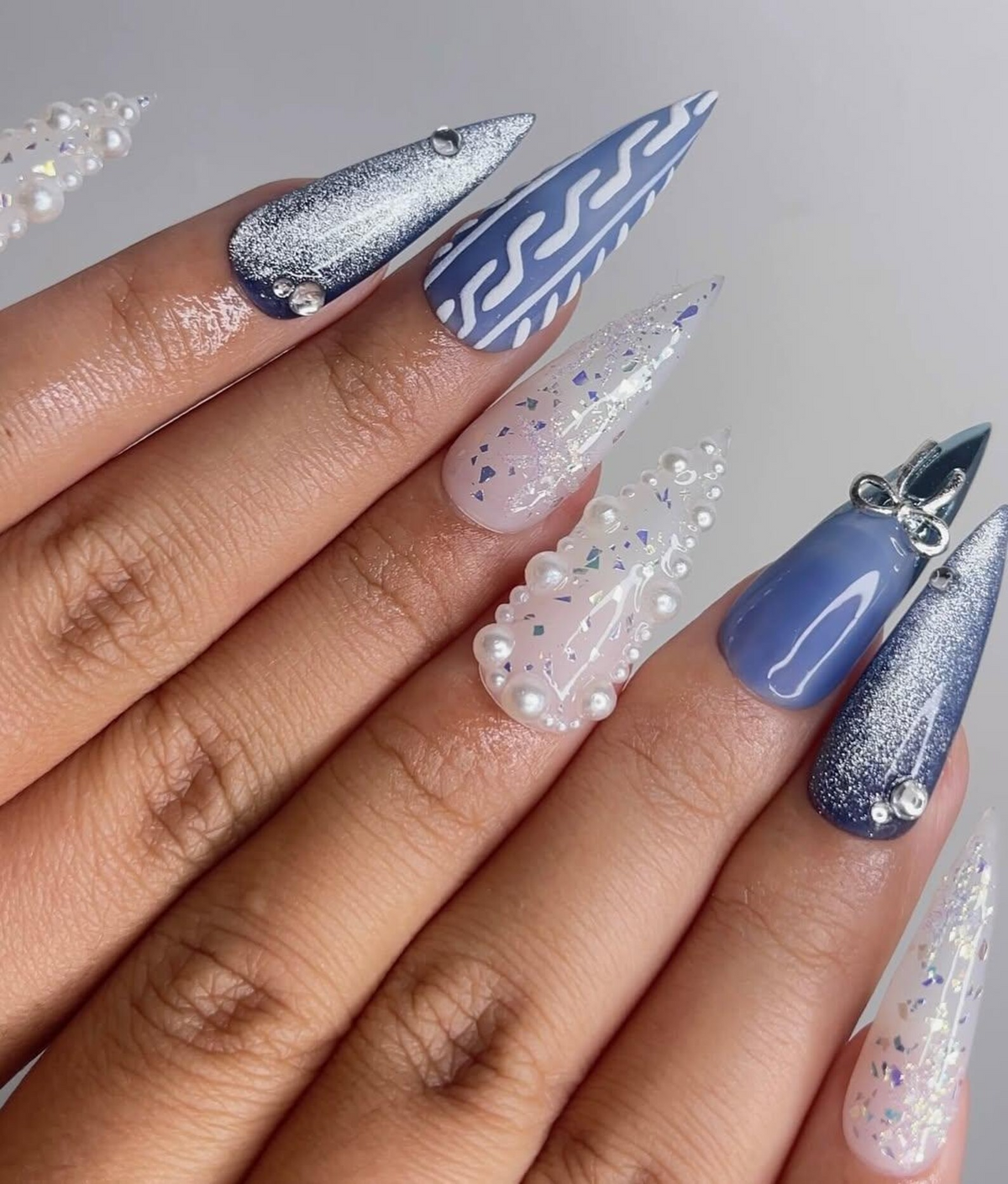 Frosted Winter Elegance Christmas Nails | Icy Blue Chrome Nail Art | Pearl Snowflake Design | Winter Wonderland Nails | Luxury Nail|OB1199HK
