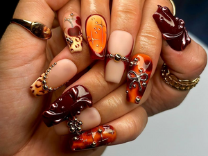 Fall Orange Leopard Press On Nails | Autumn Handmade Luxury Set | 3D Bow & Butterfly Nail Art | Fall Statement Design | OB1095EC