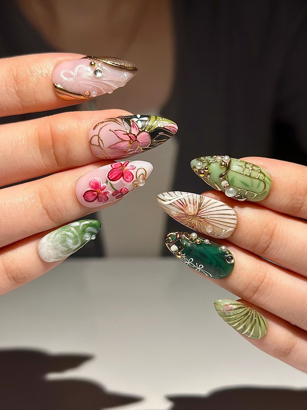 Asian Inspired Luxury Press On Nails | Jade Green Gold Floral Nails | Handpainted Pagoda Nail Art | Elegant Statement Press Ons | OB309HC