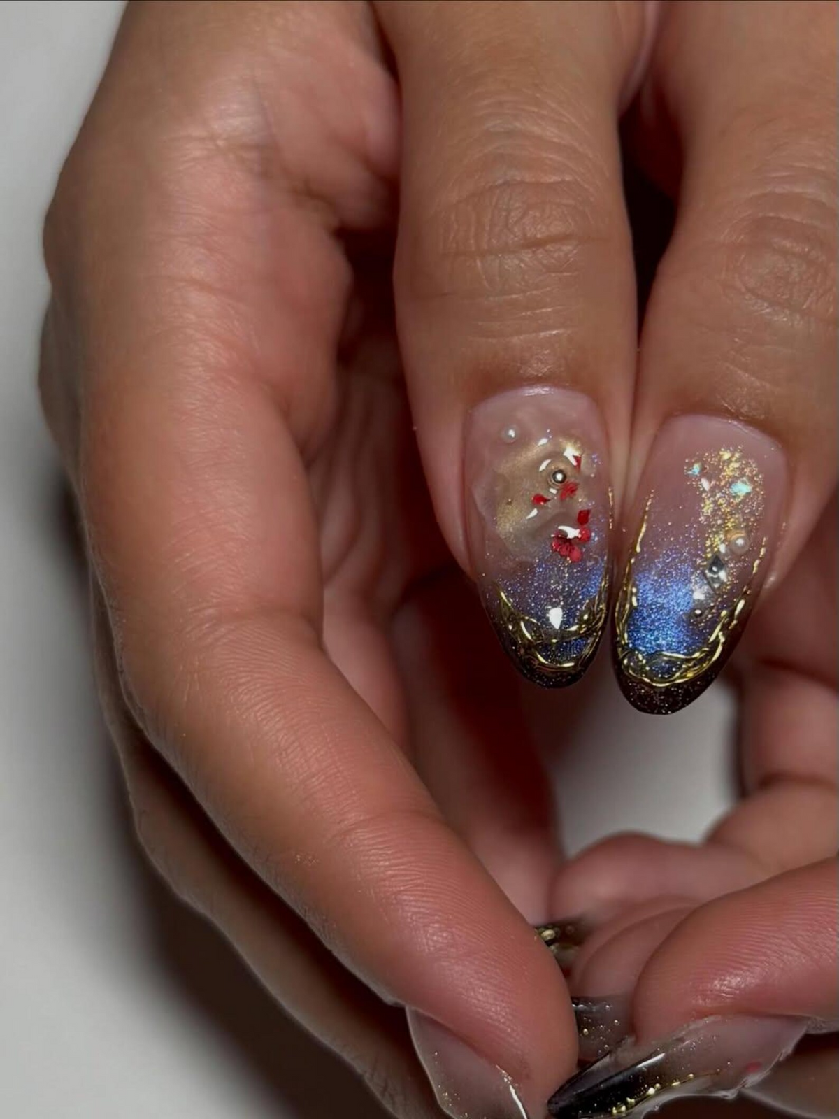 Luxury Navy Gold Press On Nails, Mystic Galaxy Floral Nails, Reusable Stiletto Nail with Gold Filigree and Shimmering Night Sky Art, OB307HC