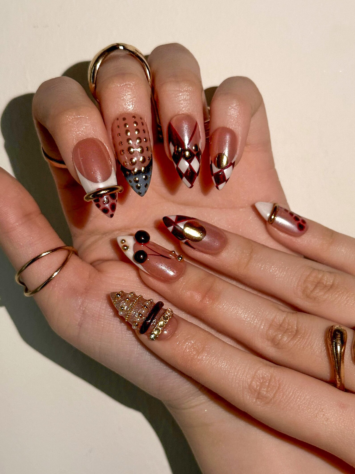 Gold Ring Luxury Press On Nails | Pearl Nude & Gold Hardware Nails | Luxury Gilded Almond Nail Art | High Fashion Jewelry Nail Set | OB296EC