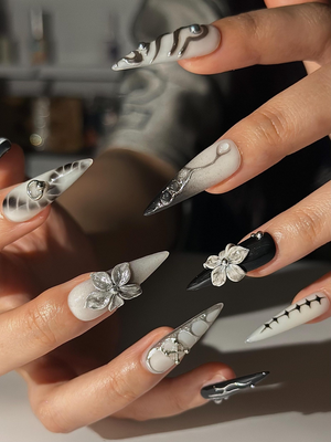 Gothic Silver Flower Press On Nails | Black White Stiletto Nails | Dark Floral Nail Set | Edgy Gothic Nails | Handmade Press Ons | OC1297HC