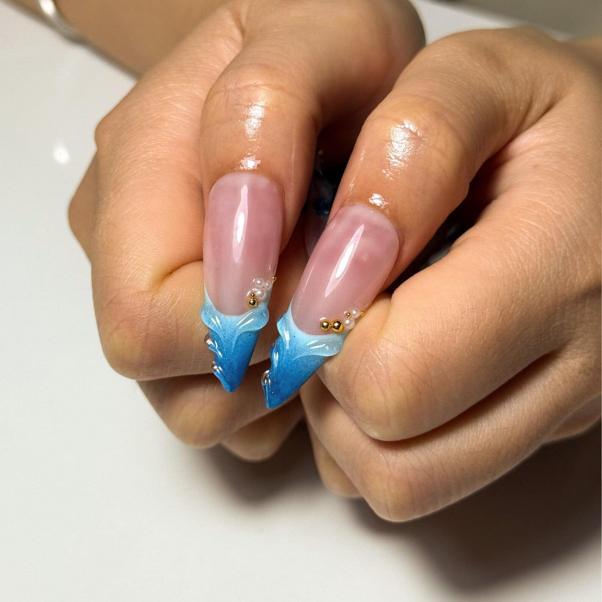 Blue Ocean Press On Nails with 3D Flower and Gold Detail | Marble Coastal Nails in Almond Shape | Summer Vacation Nails for Beach | OC1309NC